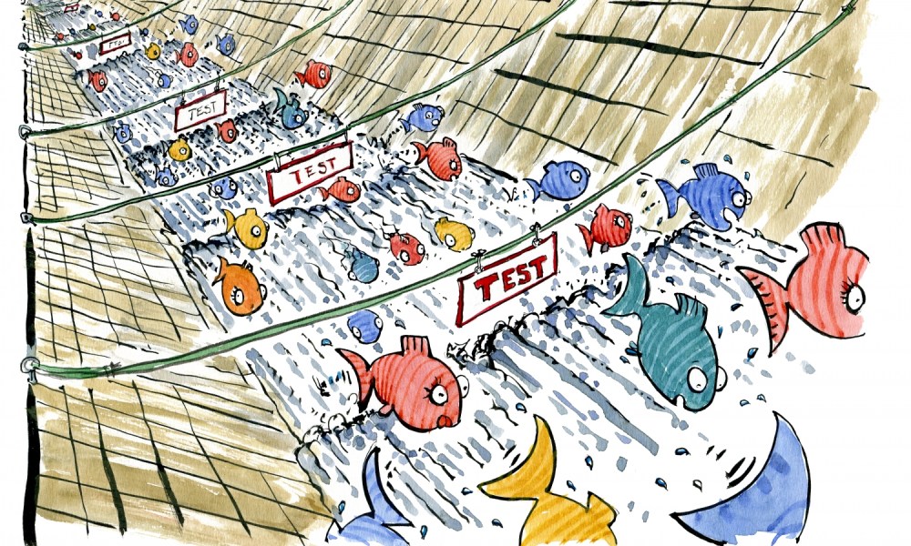 Fish swimming in a tube with test signs over them