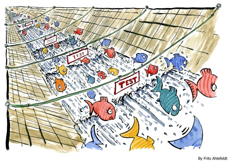 Fish swimming in a tube with test signs over them