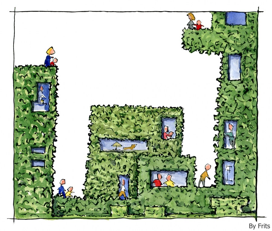 drawing of leaf covered buildings