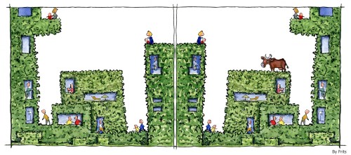 Drawing of leaf covered buildings with a cow on one