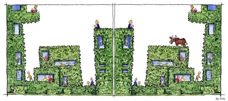 Drawing of leaf covered buildings with a cow on one