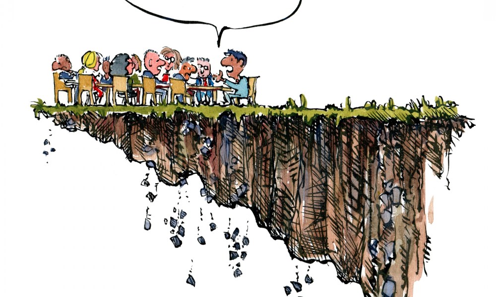 Drawing of a group sitting on the edge