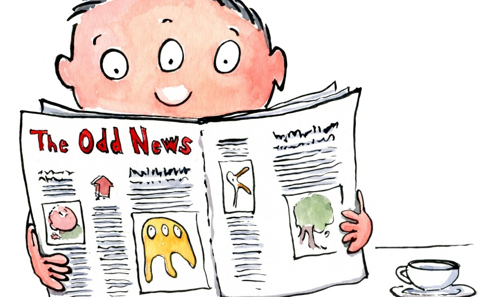 Three eyed man reading a newspaper