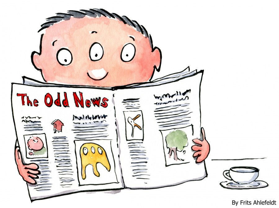 Three eyed man reading a newspaper