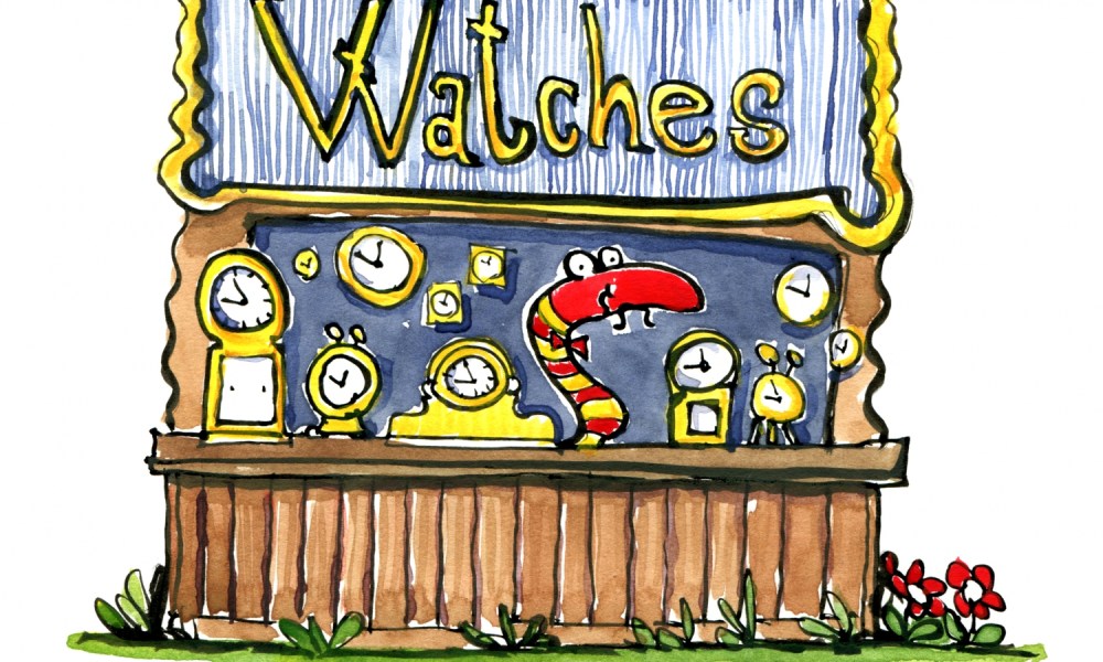 Drawing of a snake selling watches