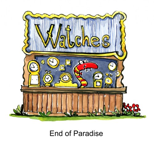 Drawing of a snake selling watches