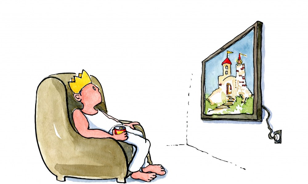 King drinking beer and waiting in front of his TV, with a show of his lost kingdom