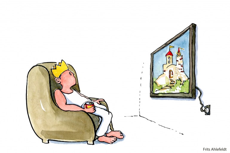 King drinking beer and waiting in front of his TV, with a show of his lost kingdom