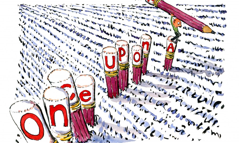 man writing once upon a time, with pencils