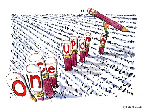 man writing once upon a time, with pencils