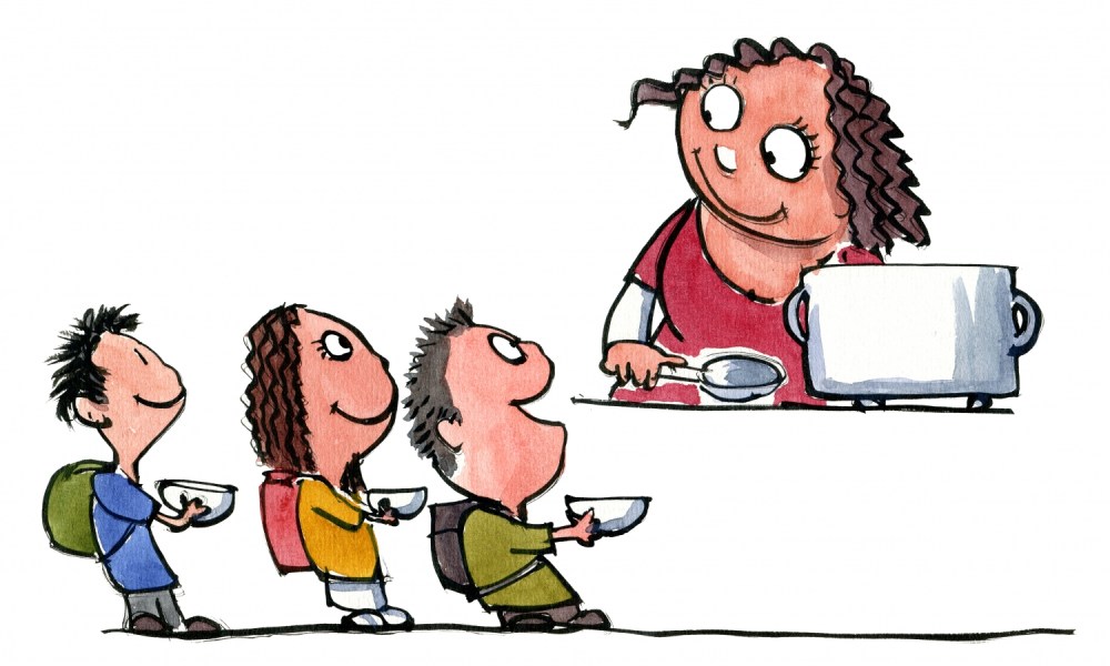 Drawing of a woman feeding children