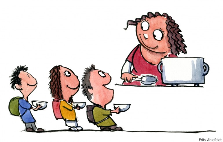 Drawing of a woman feeding children