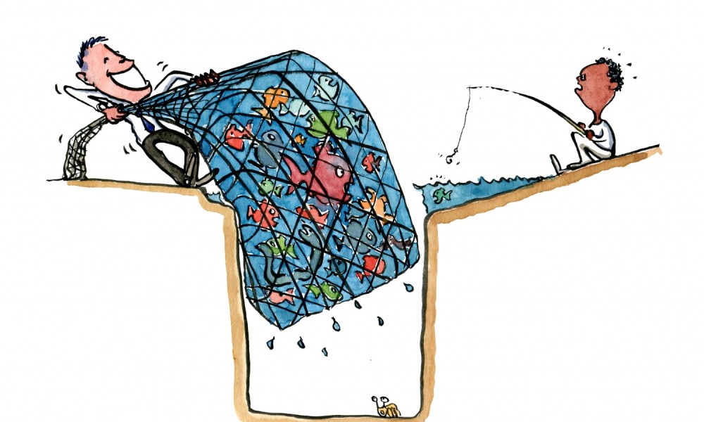 Businessman taking all the fish from the ocean