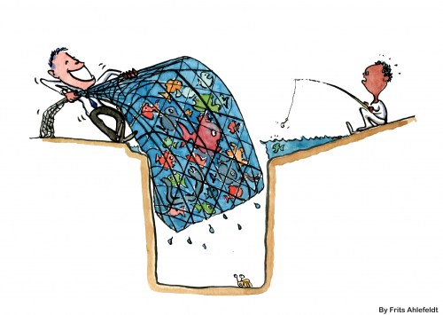 Businessman taking all the fish from the ocean