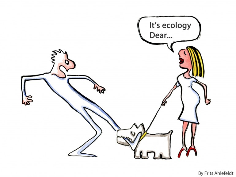 Drawing of a dog biting a man and a woman saying it's the ecology Dear