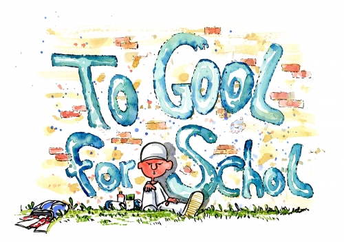 Boy that wants to write To Cool for School, but spell: to Gool For Schol