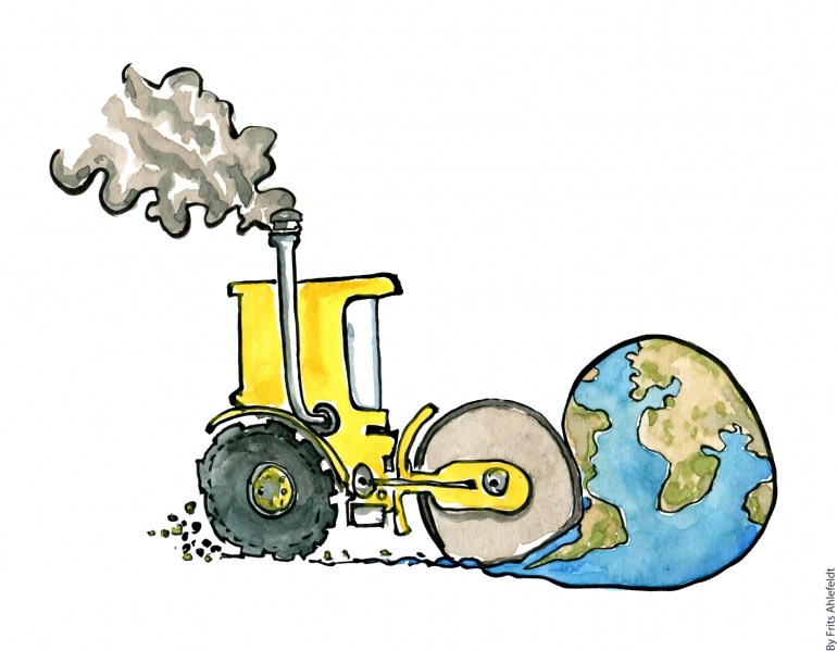 Drawing of a steamroller making the Earth flat