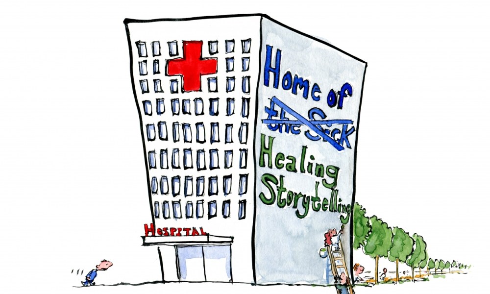 Drawing of people writing Healing Storytelling on the side of a hospital