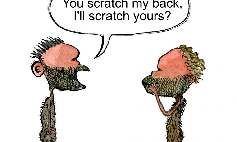 Two stone-age people standing with one saying You scratch my back, ill scratch yours?