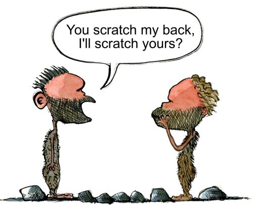 Two stone-age people standing with one saying You scratch my back, ill scratch yours?