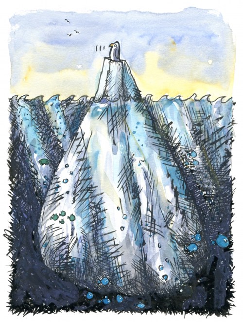 illustration of a penguin out on open sea, on an iceberg