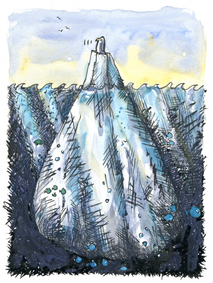 illustration of a penguin out on open sea, on an iceberg