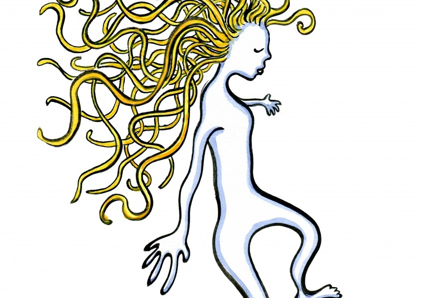 Drawing of a woman with blond hair, walking lightly