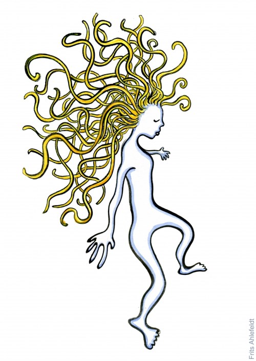 Drawing of a woman with blond hair, walking lightly