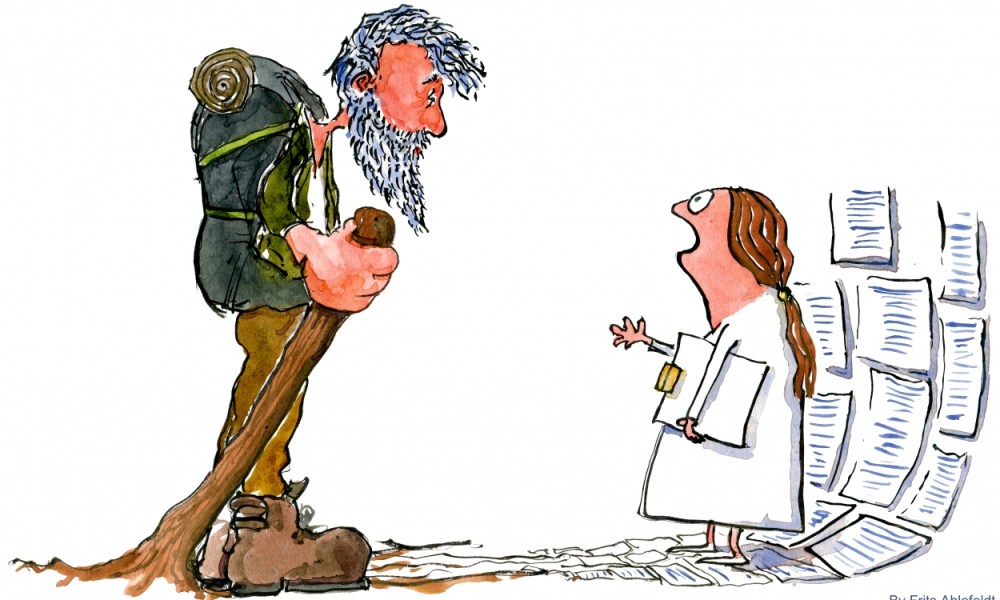 Drawing of an old man of the woods facing a woman with lots of paper forms