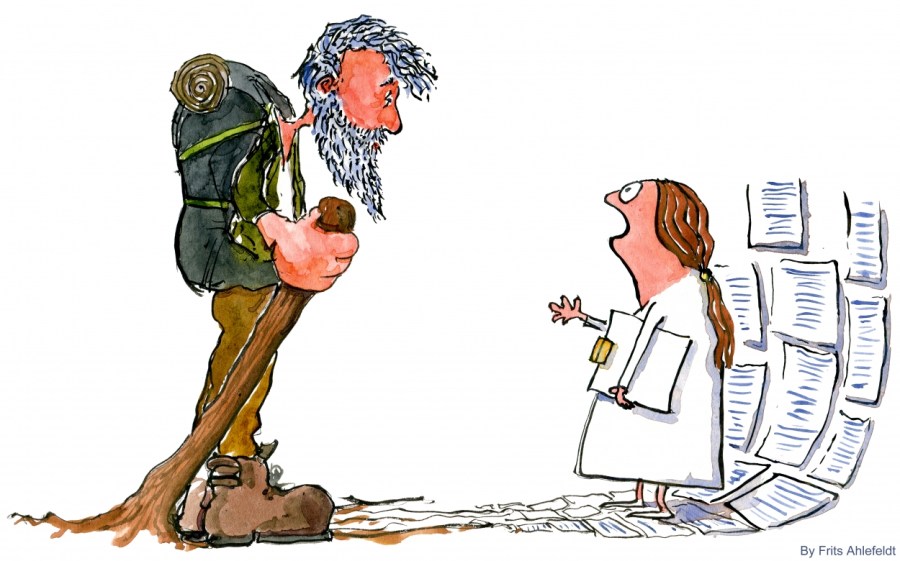 Drawing of an old man of the woods facing a woman with lots of paper forms