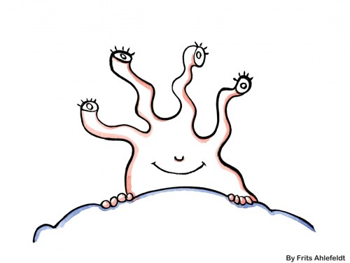 Drawing of a happy, strange creature, waking up