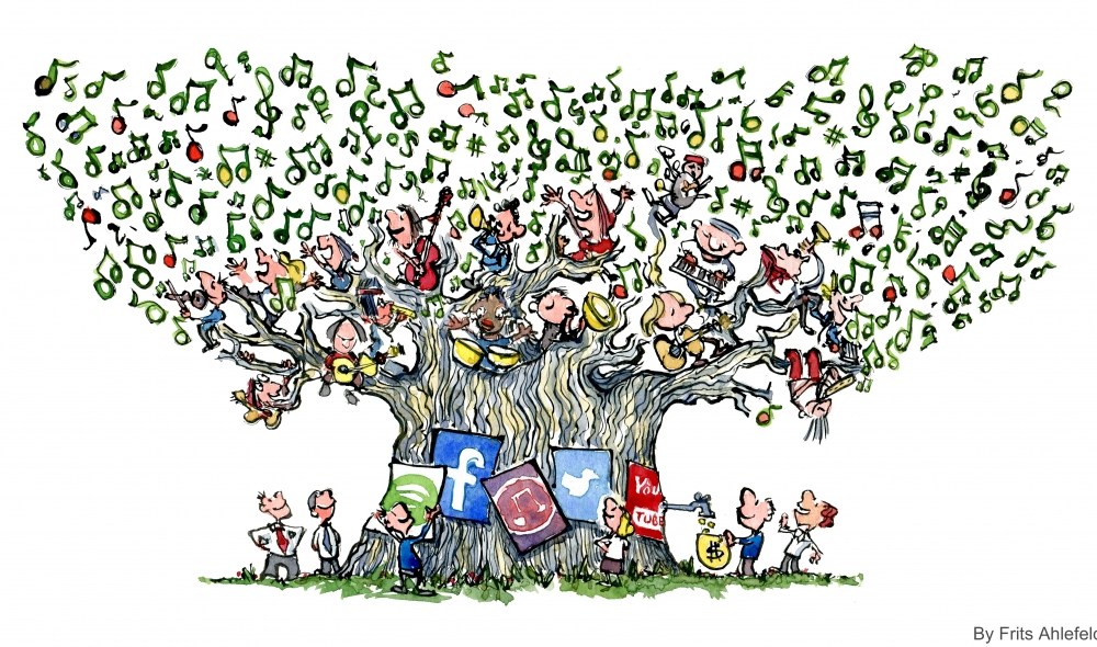 Illustration of a tree with musicians sitting in it and money people extracting the profit