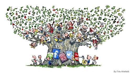 Illustration of a tree with musicians sitting in it and money people extracting the profit