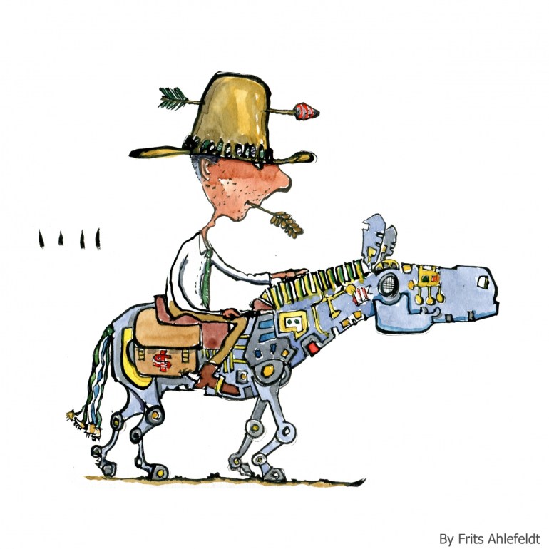 Drawing of a man on a digital robot horse