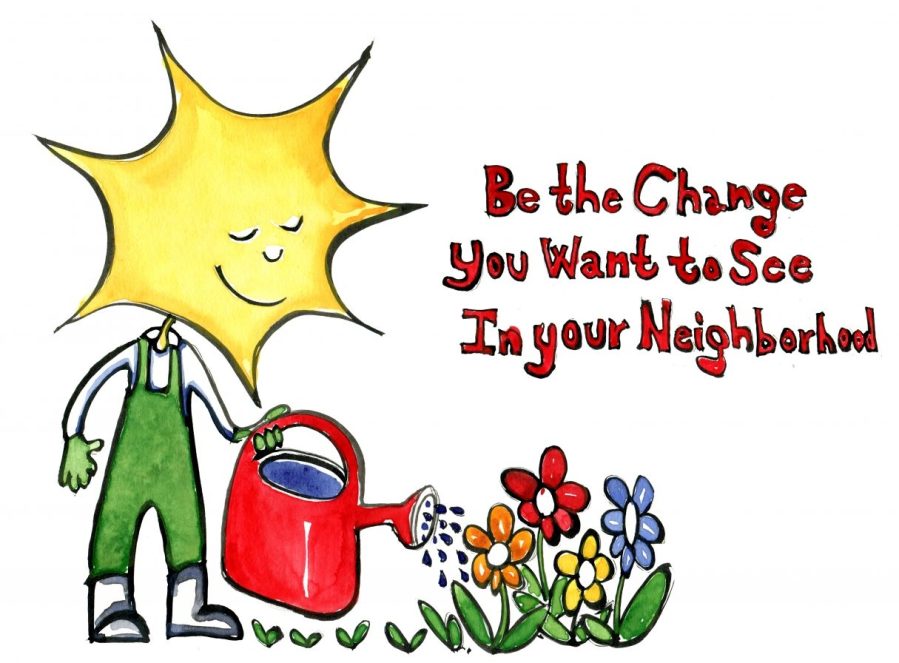 drawing of a sun watering the flowers