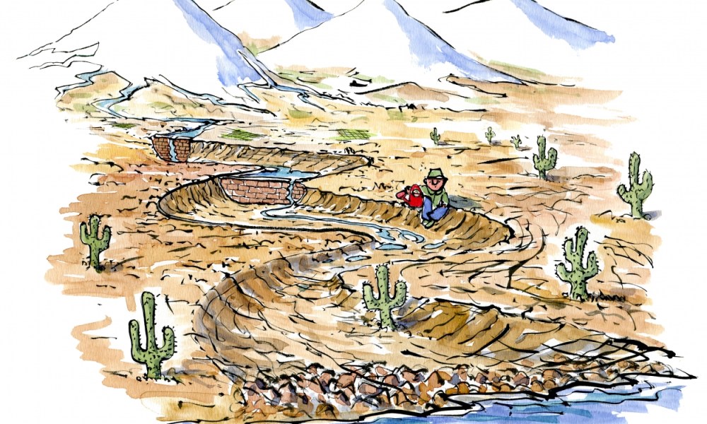 Drawing of drought, an old man sitting at a dried out riverbed