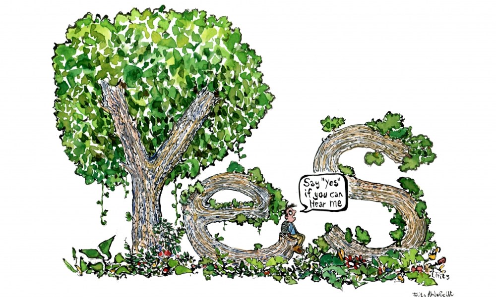 Man sitting among trees, the trees make up Yes, when he ask if they can hear him. Drawing