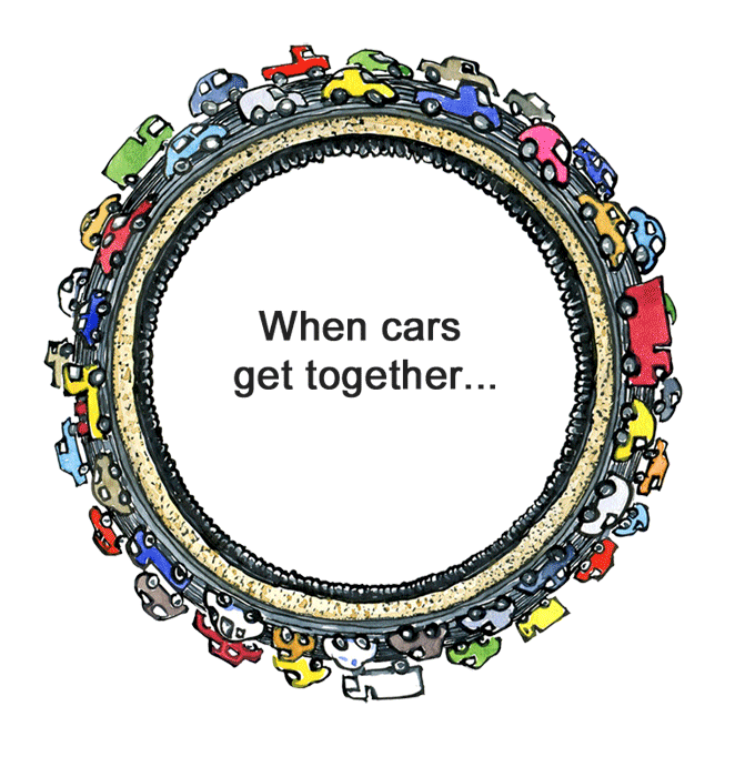 When people get together vs. cars drawing, round house and round about