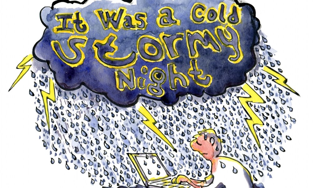 Drawing of a man under a lightning cloud, writing on his laptop