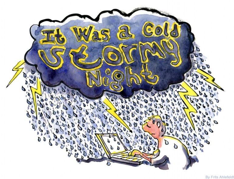 Drawing of a man under a lightning cloud, writing on his laptop