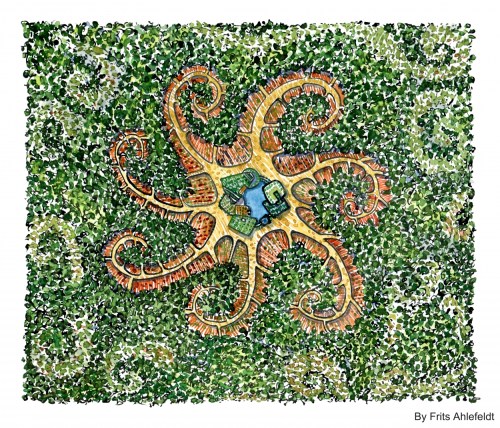 drawing of a starfish shaped forest farm