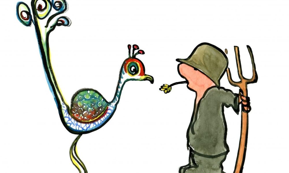 Drawing of a pheasant and peasant watching each other