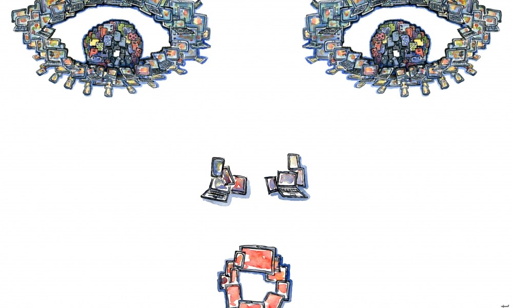 Drawing of a digital face, made up of phones, tablets and computers
