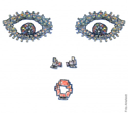 Drawing of a digital face, made up of phones, tablets and computers