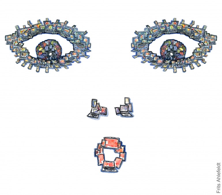 Drawing of a digital face, made up of phones, tablets and computers