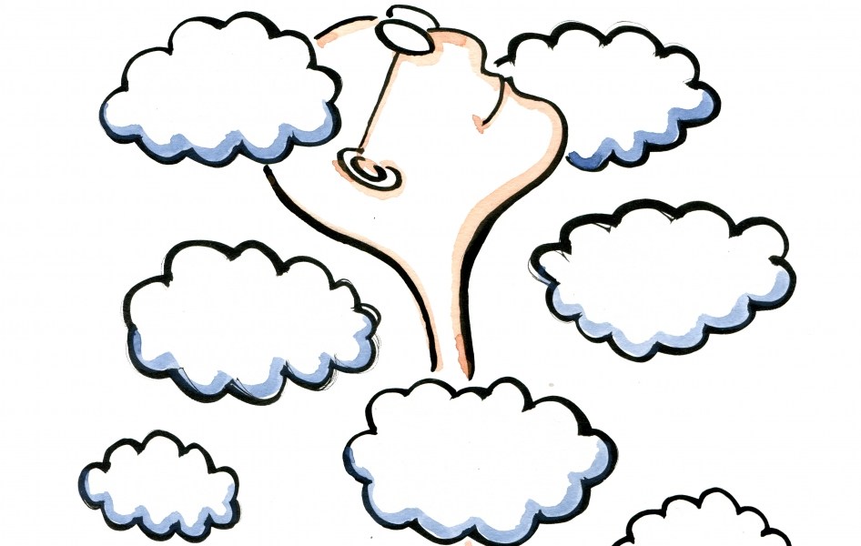 Drawing of a head between clouds
