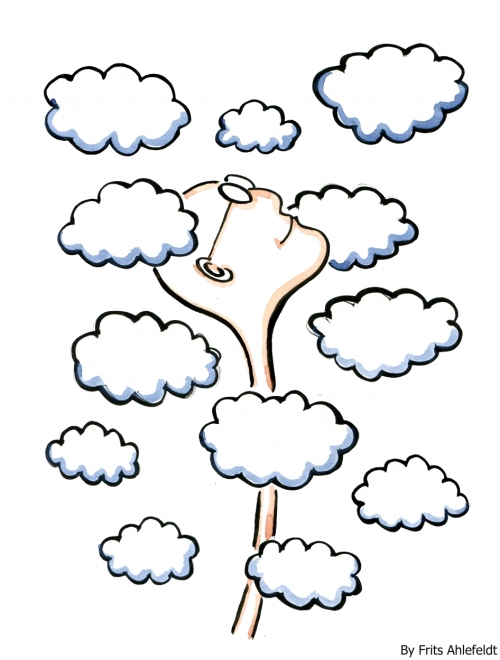 Drawing of a head between clouds