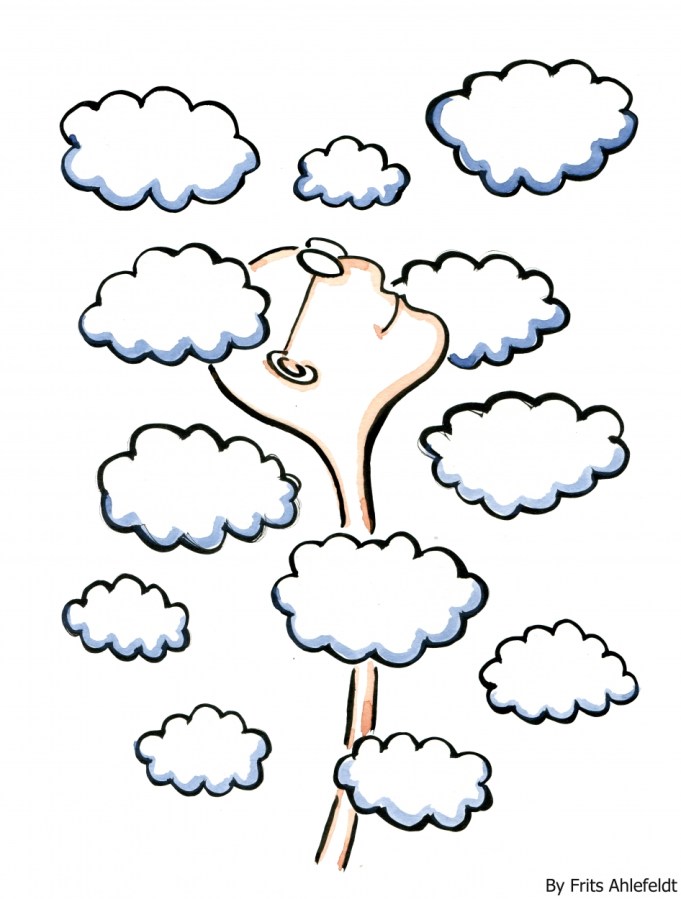 Drawing of a head between clouds