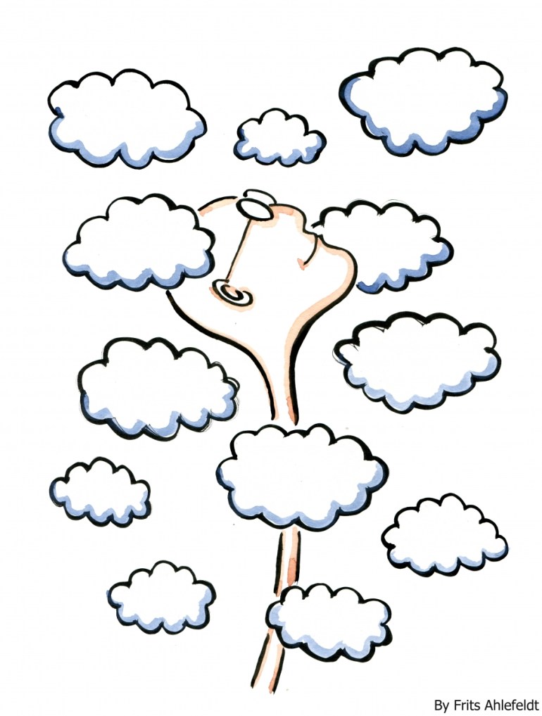 Drawing of a head between clouds
