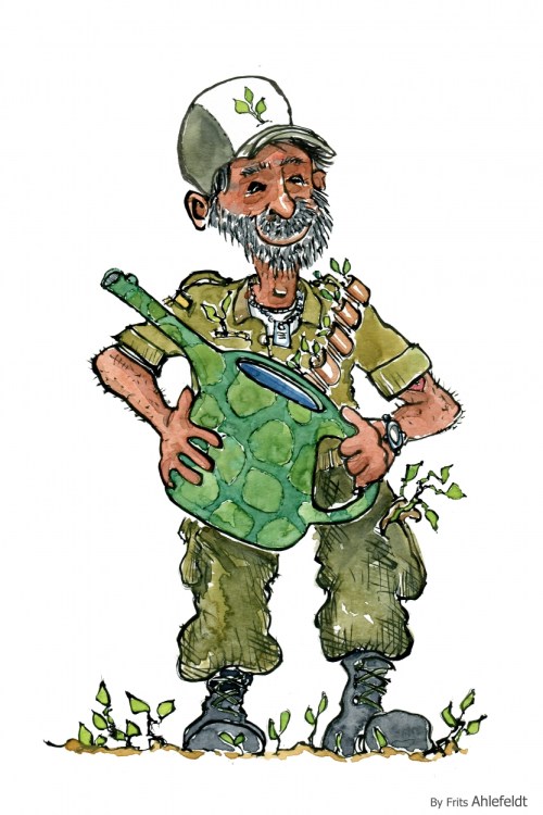 drawing of a warrior turned into an organic farmer